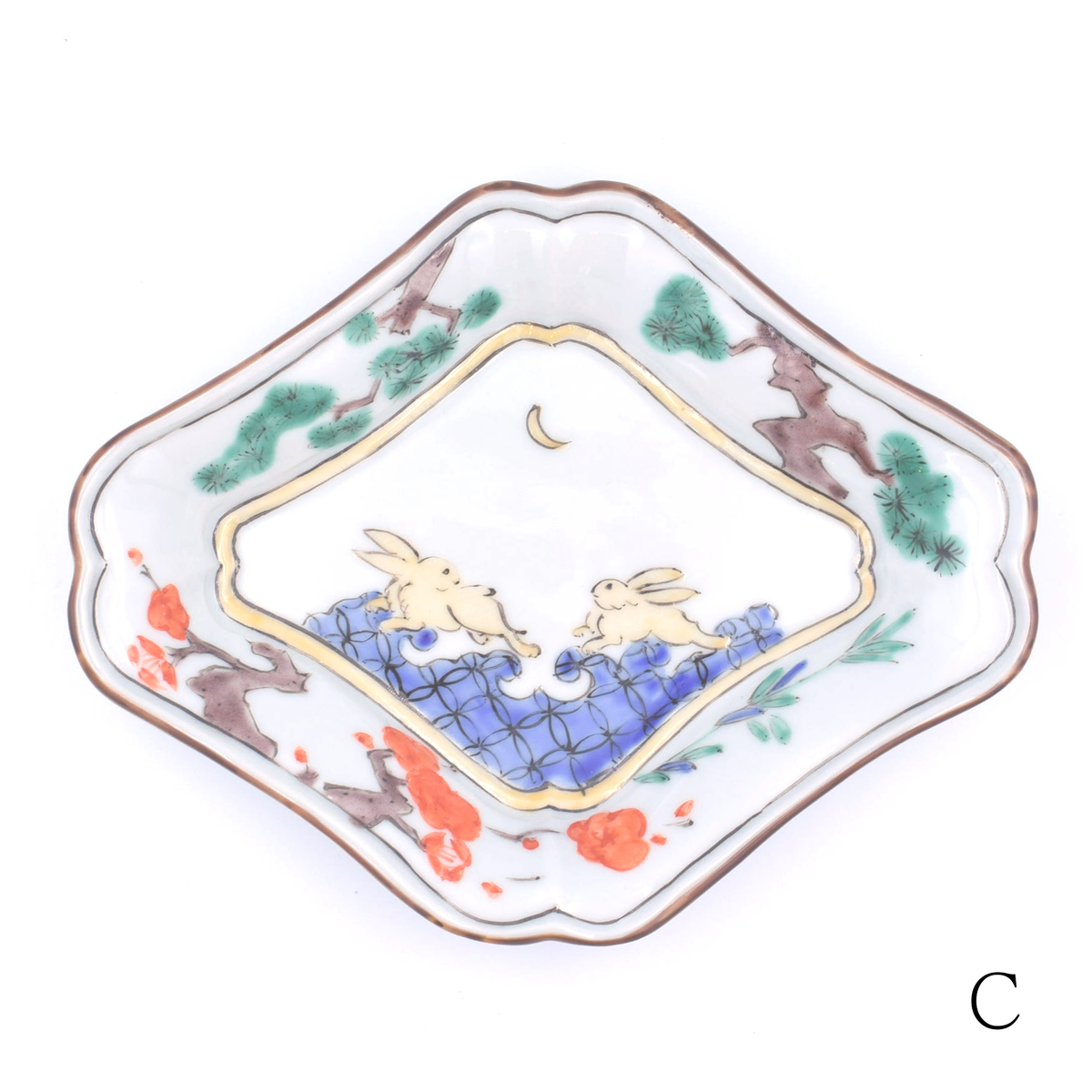 【新道工房】色絵波に兎図隅入菱形向付 [29]