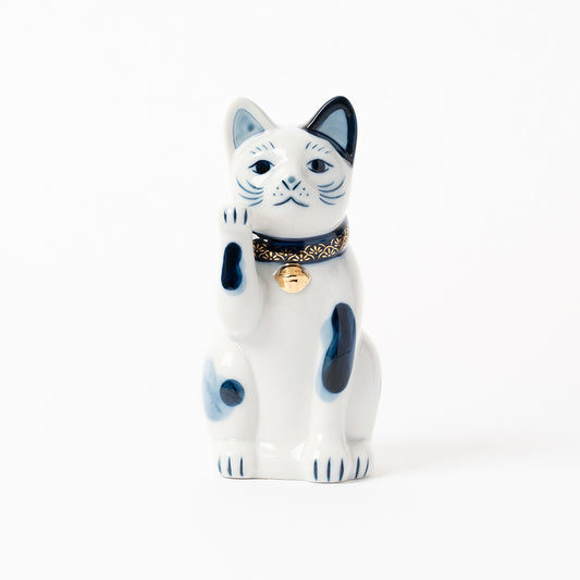 【中外陶園】招き猫 瀬戸型 染付 右手 5号 [6618]