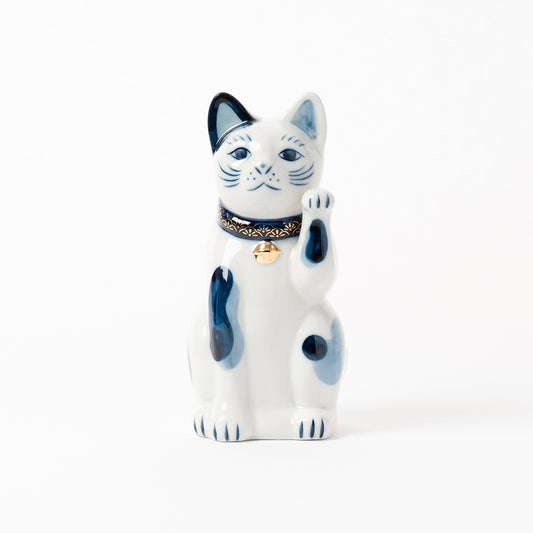 【中外陶園】招き猫 瀬戸型 染付 左手 5号 [6619]