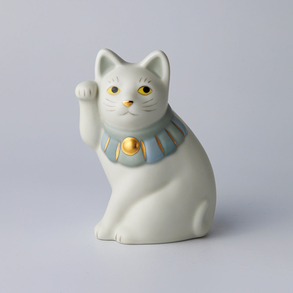 【中外陶園】招き猫 横座 ブルー（マット）右手 4号