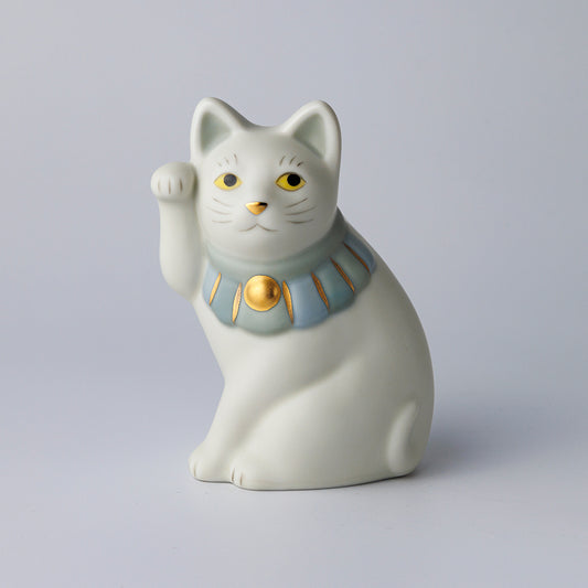 【中外陶園】招き猫 横座 ブルー（マット）右手 4号 [6628]