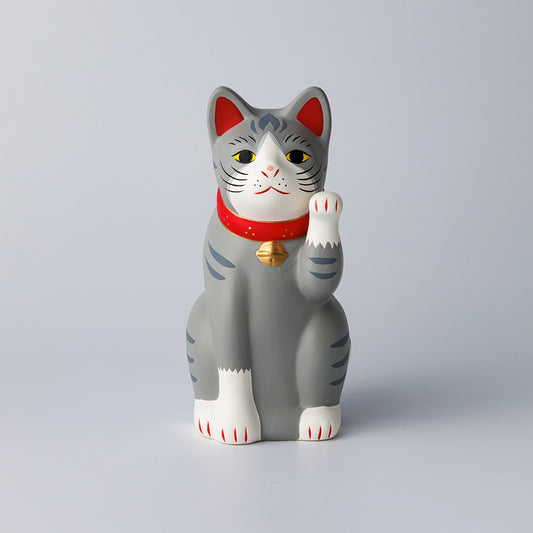 【中外陶園】招き猫 瀬戸型 サバトラ 左手 5号 [6552]